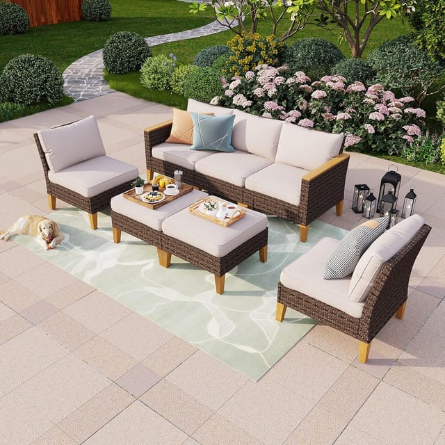 Rattan Lounge Gartenmöbel Set Für 5-7 Personen Gartensofa Sitzgruppe Terrasse Outdoor Balkon Sofa Sessel Hocker Ottomane Mit Sitzkissen Wetterfest Einfache Montage - Phivilla