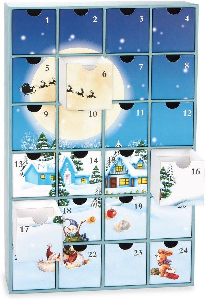 BRUBAKER befüllbarer Adventskalender Weihnachtsdorf im Schnee - Weihnachtskalender zum Befüllen (39 cm groß aus Pappe, 1-tlg), DIY Kalender mit 24 Türchen für Gutscheine und Süßigkeiten Bild 3