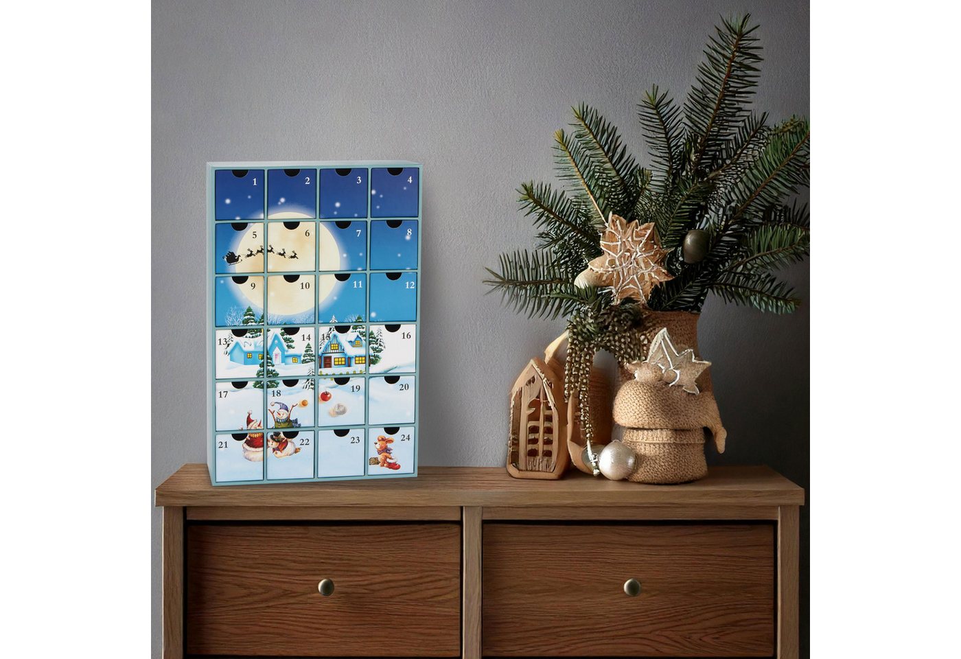 BRUBAKER befüllbarer Adventskalender Weihnachtsdorf im Schnee - Weihnachtskalender zum Befüllen (39 cm groß aus Pappe, 1-tlg), DIY Kalender mit 24 Türchen für Gutscheine und Süßigkeiten Bild 4