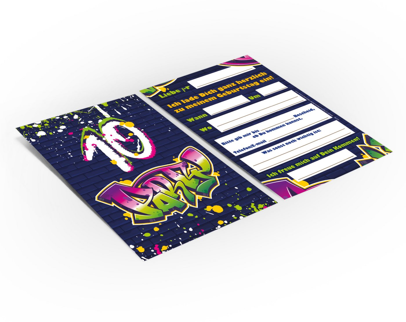 JUNAPACK Einladungskarten Graffiti zum Kindergeburtstag Mädchen Jungen Einladungen neon, Einladungskarten zum 10. Geburtstag mit Graffiti Motiv