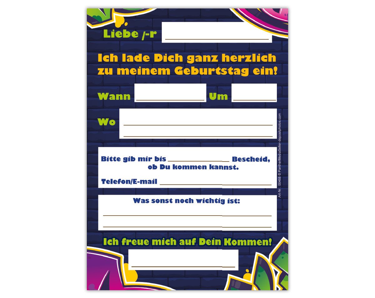 JUNAPACK Einladungskarten Graffiti zum Kindergeburtstag Mädchen Jungen Einladungen neon, Einladungskarten zum 10. Geburtstag mit Graffiti Motiv Bild 3