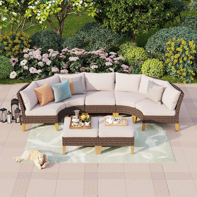 Rattan Garten Loungemöbel Set Für 5-7 Personen Gartensofa Balkonmöbel Sitzgruppe Terrasse Outdoor Balkon Sofa Sessel Hocker Ottomane Mit Sitzkissen Wetterfest Einfache Montage - Phivilla