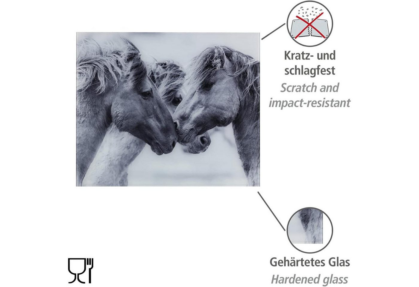 WENKO Spritzschutz Glasrückwand Horses Spritzschutz Herd Spüle Wandblende, Gehärtetes Glas mit Pferde-Motiv 60 x 50 cm Grau
