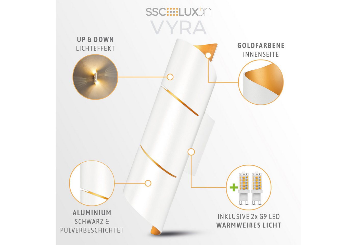SSC-LUXon LED Wandleuchte VYRA LINE Wandleuchte Up & Down inkl. G9 LED 3W warmweiß Wandstrahler, Warmweiß
