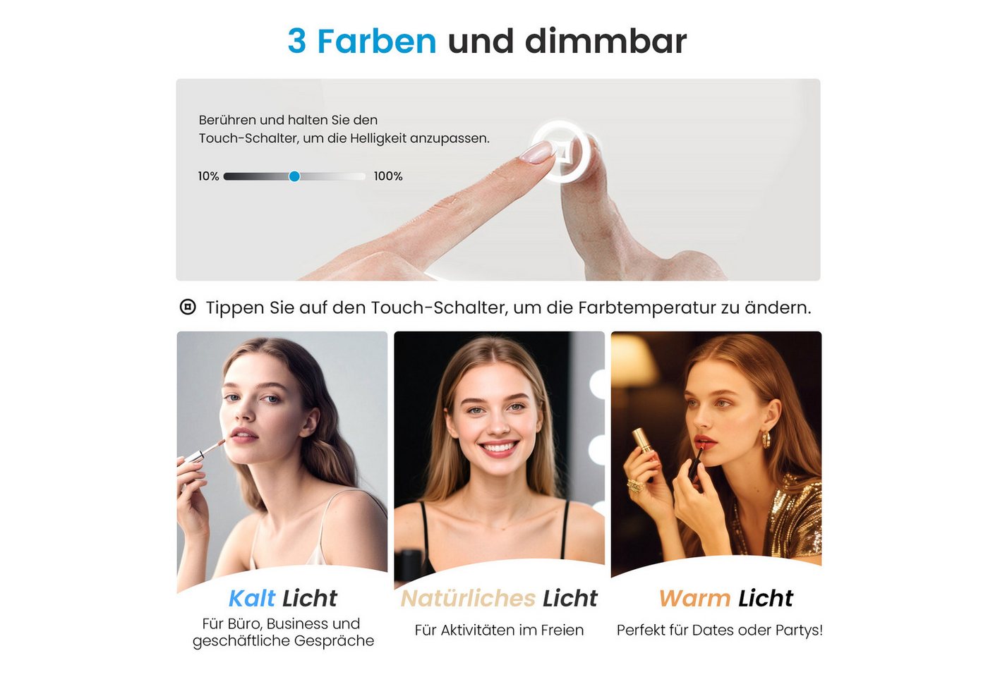 MEYKOERS Kosmetikspiegel Kosmetikspiegel mit 3 Lichtfarben, Dimmbar, Touchsteuerung, LED-Tischspiegel mit Memory-Funktion und 1820 lm Bild 2