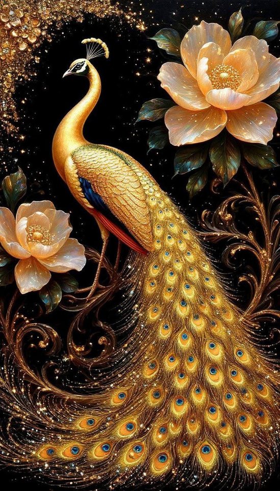 Rötting Design Malen nach Zahlen Diamond Painting Set 5d DIY Motiv der goldene Pfau (Komplett-Set, Vollbild), Diamond Painting Vollbild, Vollständiges Zubehörpaket