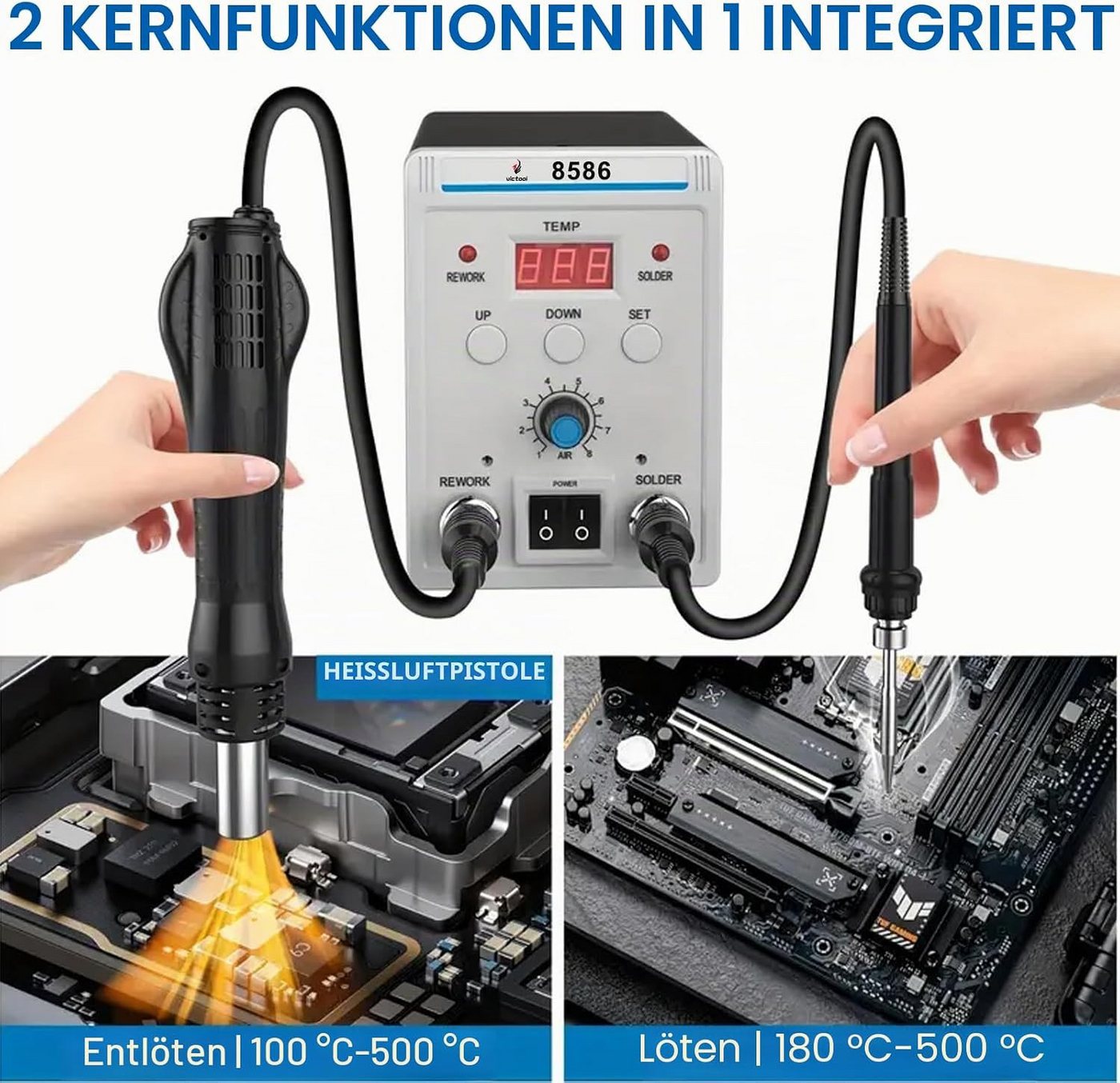 Athlix Lötkolben 2 in 1 Lötstation Heißluft Lötkolben mit 3 Luftdüsen 200-500°C, max. 500 °C, Elektrisch, Schnelle Aufheizzeit, 700W Leistung Bild 4