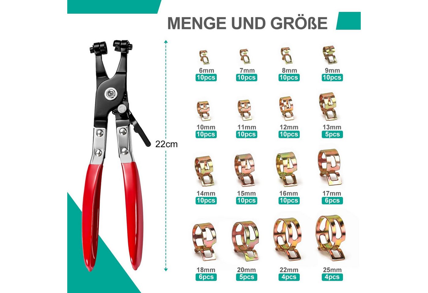 AFKSMILE Schlauchschelle 130 Stück Schlauchschellen Edelstahl 6–25 mm mit Schlauchklemmzange, (130-St), Federbandschellen Klemmen für Auto, Kraftstoffleitung & Werkstatt Bild 2