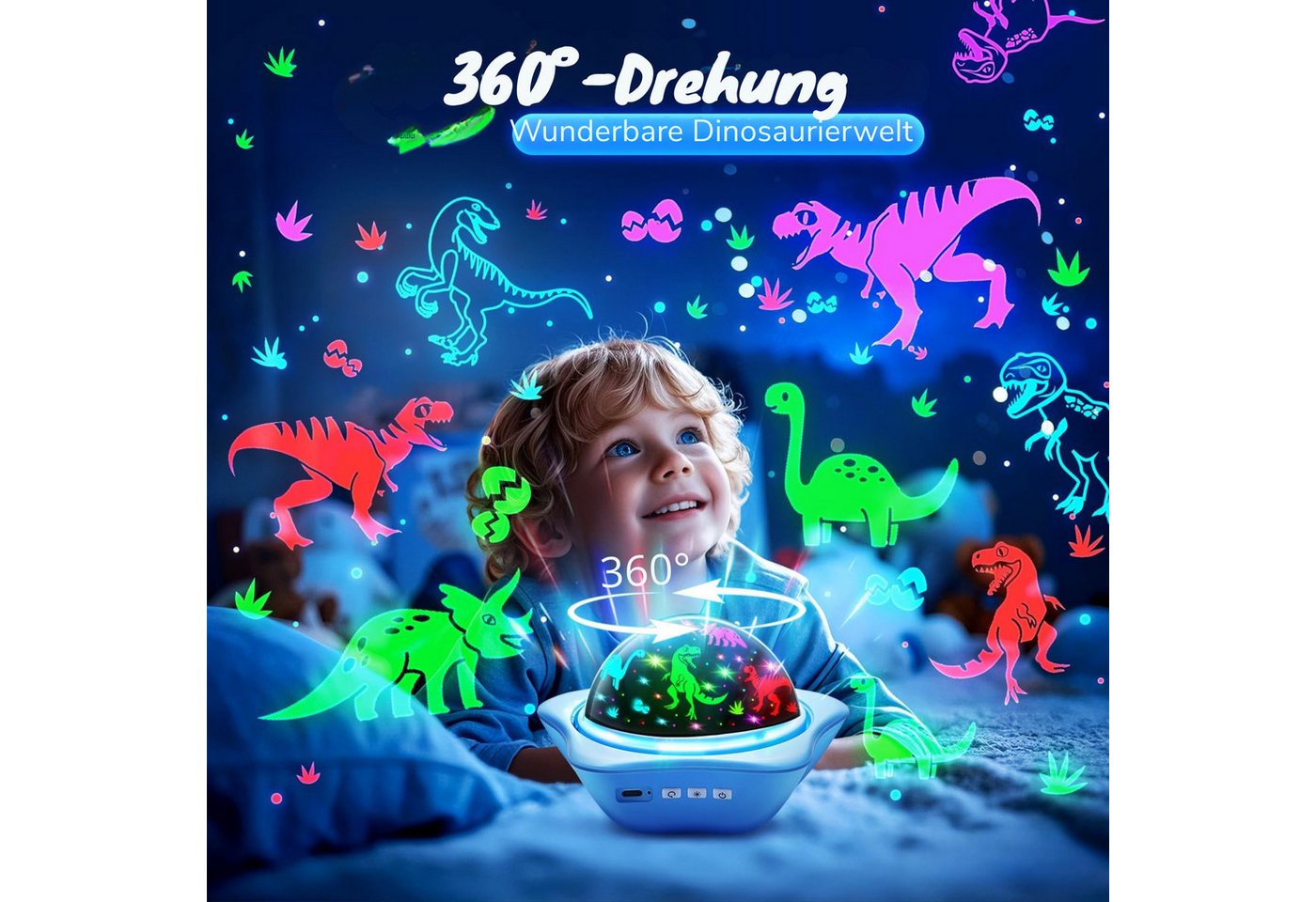 Vivitar LED-Sternenhimmel Projektor Nachtlicht 96 Lichteffekten, 6 Projektionsfolien 16 Farbmodi, 1 Meter Kabel, Fernbedienung Stimmungsbeleuchtung, Projektionslampe für Wände und Decken, Einschlaflich, eschenk für Jungen und Mädchen, Dinosaurier, Unterwasserwelt, Sternenhimmel-Projektor, Dekorationslampe, 360°-Drehung, 2400-mAh-Akku, aufladbar über USB-C, für Kinderzimmer Bild 2
