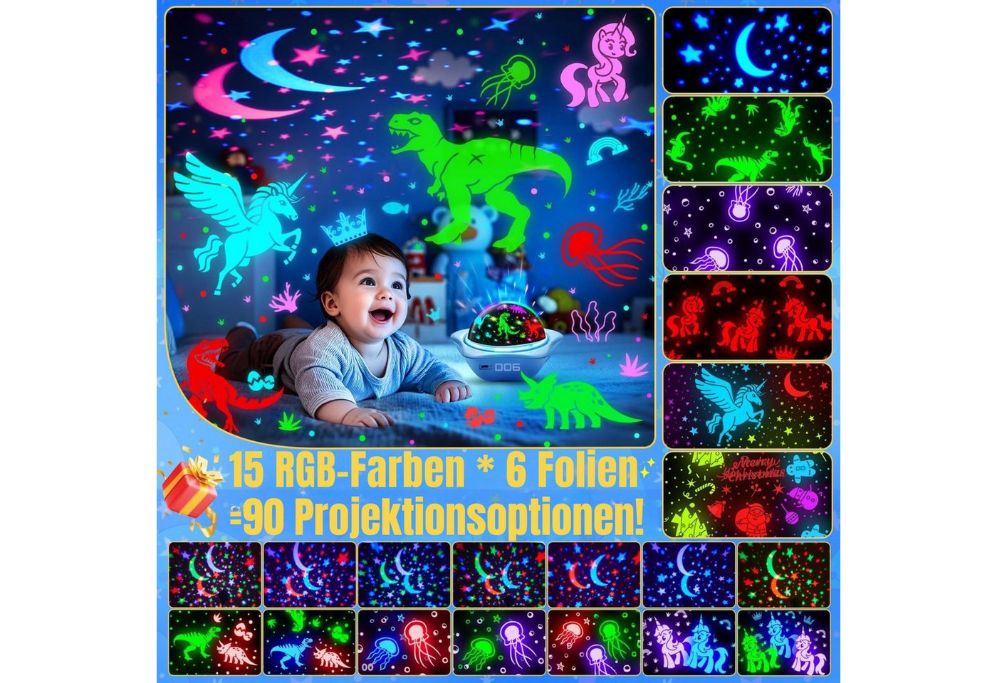 Vivitar LED-Sternenhimmel Projektor Nachtlicht 96 Lichteffekten, 6 Projektionsfolien 16 Farbmodi, 1 Meter Kabel, Fernbedienung Stimmungsbeleuchtung, Projektionslampe für Wände und Decken, Einschlaflich, eschenk für Jungen und Mädchen, Dinosaurier, Unterwasserwelt, Sternenhimmel-Projektor, Dekorationslampe, 360°-Drehung, 2400-mAh-Akku, aufladbar über USB-C, für Kinderzimmer Bild 4