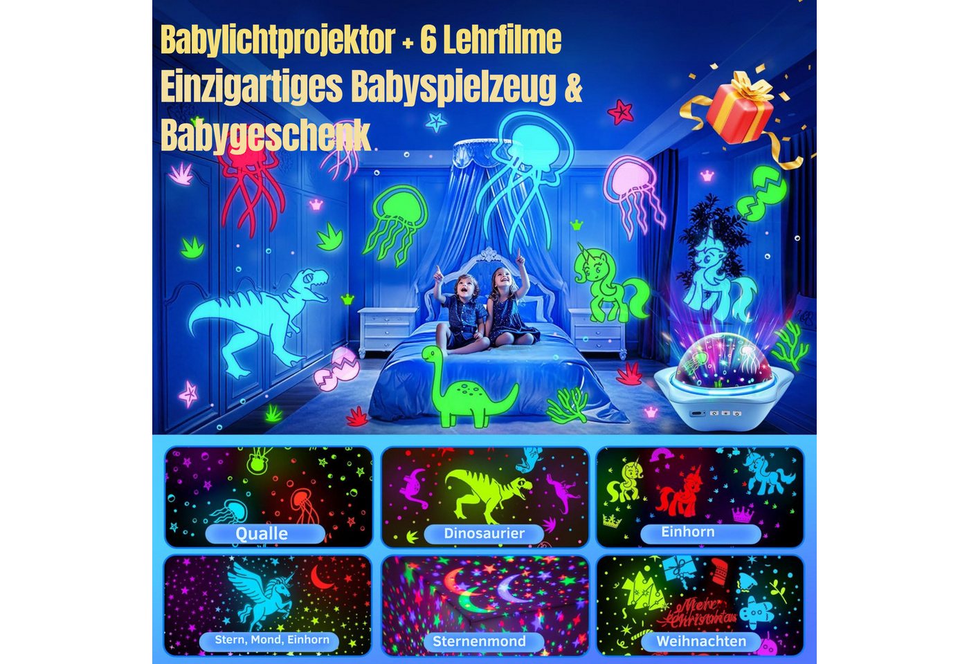 Vivitar LED-Sternenhimmel Projektor Nachtlicht 96 Lichteffekten, 6 Projektionsfolien 16 Farbmodi, 1 Meter Kabel, Fernbedienung Stimmungsbeleuchtung, Projektionslampe für Wände und Decken, Einschlaflich, eschenk für Jungen und Mädchen, Dinosaurier, Unterwasserwelt, Sternenhimmel-Projektor, Dekorationslampe, 360°-Drehung, 2400-mAh-Akku, aufladbar über USB-C, für Kinderzimmer Bild 5