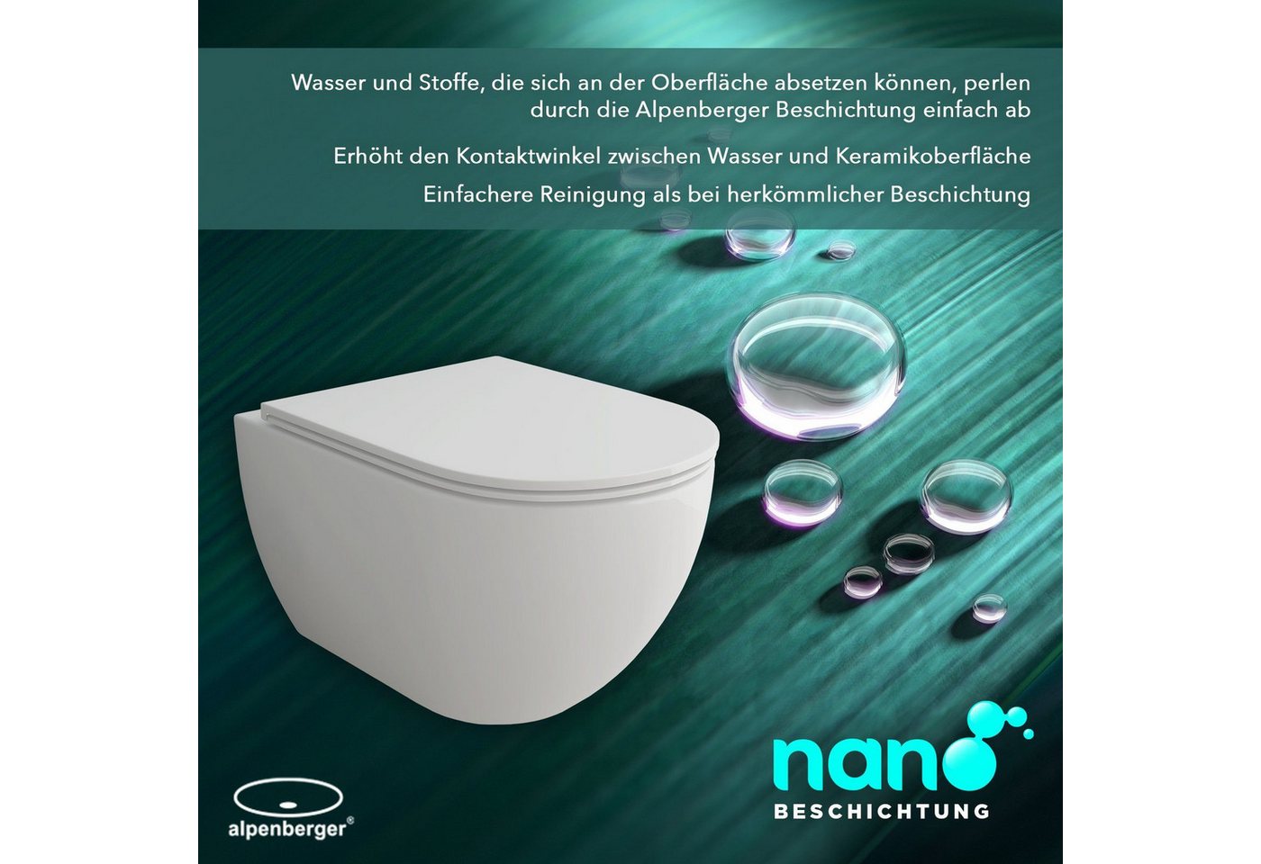 Alpenberger Tiefspül-WC Hänge WC - Wand WC Spülrandlos mit Toilettendeckel D Form, Wandhängend, Abgang Waagerecht, Toilette mit Schallschutz, WC Sitz mit Absenkautomatik - Made in EU - Passend zu Geberit Bild 3