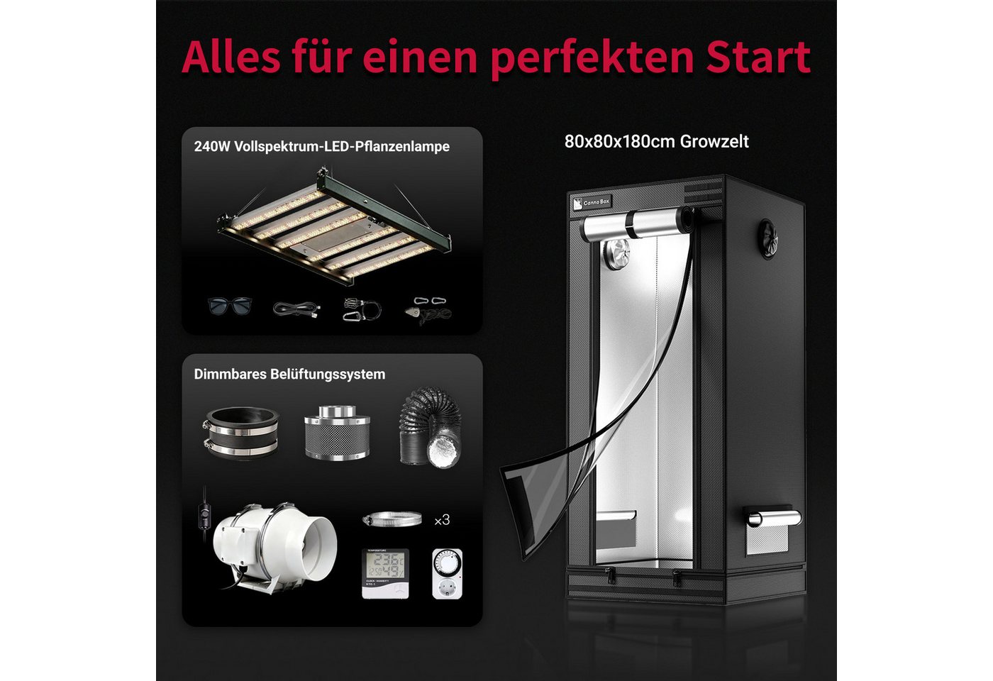 CannoBox Gewächshaus 80x80x180cm Growzelt 100mm Abluft Komplett Set Pro Pflanzenlampe Bild 5
