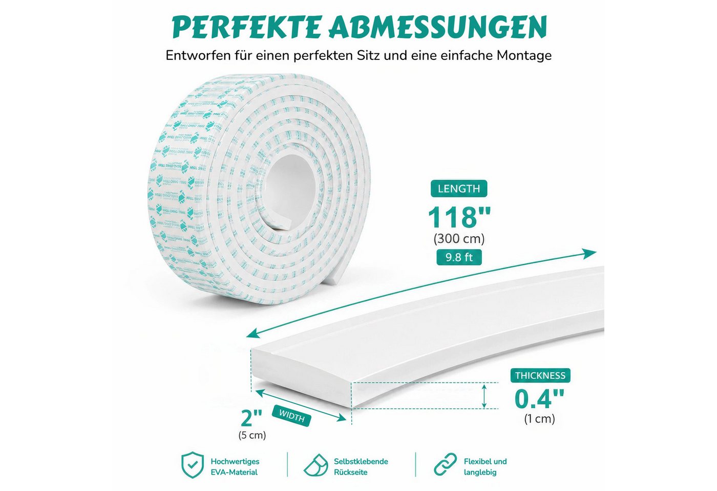 BlingBin Sockelleiste 50mm x 8m EVA Weichsockelleiste Selbstklebend, Wandleisten, L: 300 cm, H: 5 cm, 1er Set, 1-St., Nutbreite: 17 mm, DIY Sockelleisten für Wände, Wohnzimmer, Küche und Badezimmer, Weiß Bild 3
