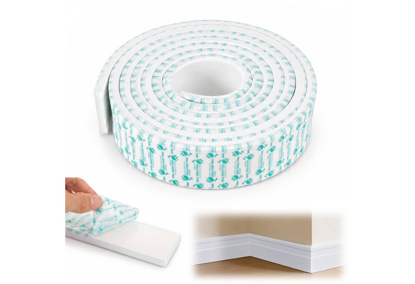 BlingBin Sockelleiste 50mm x 8m EVA Weichsockelleiste Selbstklebend, Wandleisten, L: 300 cm, H: 5 cm, 1er Set, 1-St., Nutbreite: 17 mm, DIY Sockelleisten für Wände, Wohnzimmer, Küche und Badezimmer, Weiß Bild 4