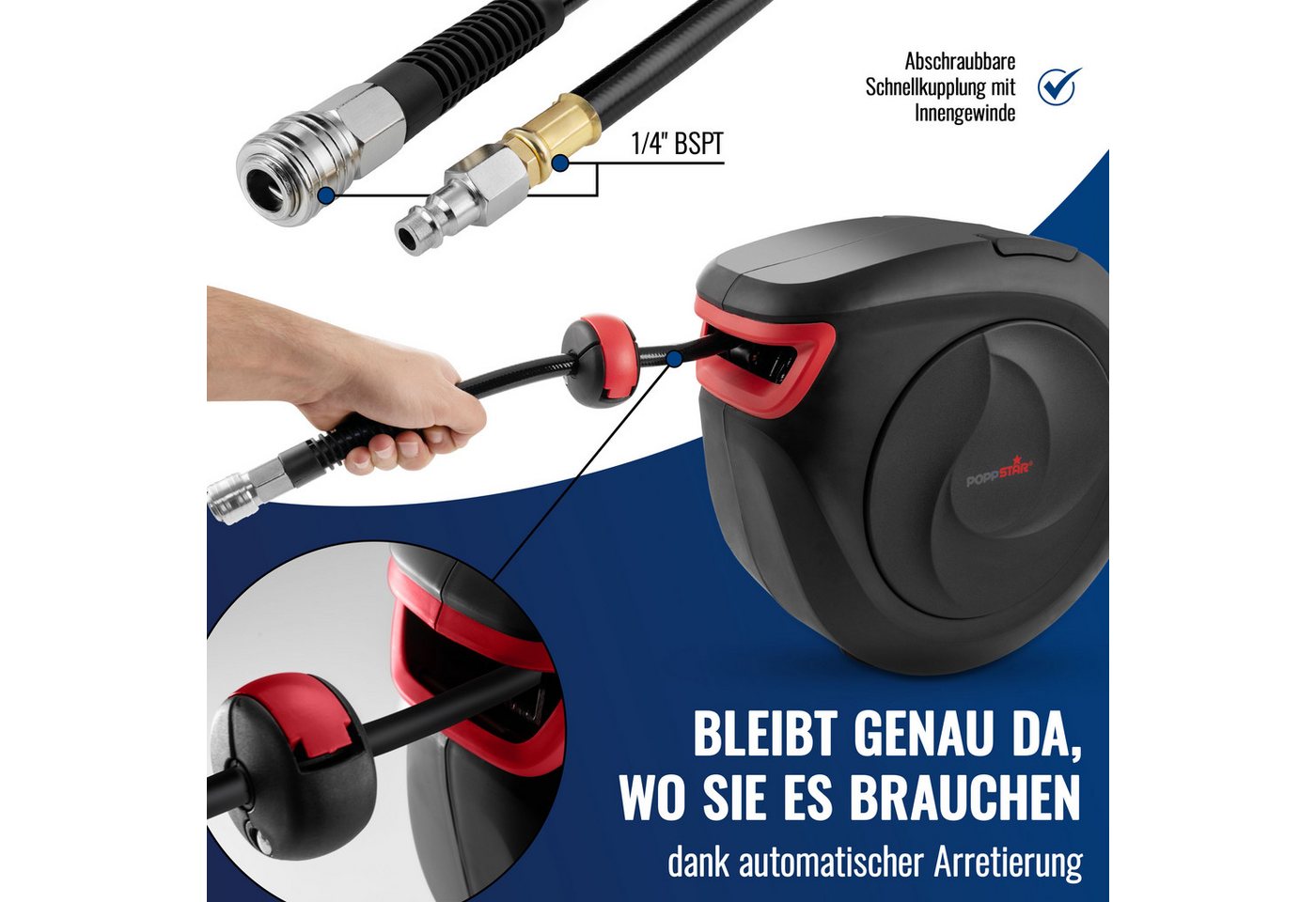 Poppstar Schlauchbox Druckluft-Schlauchtrommel 30m + 2m Premium, (Automatik Schlauchaufroller), mit 30m Druckluft-Schlauch (180° schwenkbar, mit Wandhalterung)