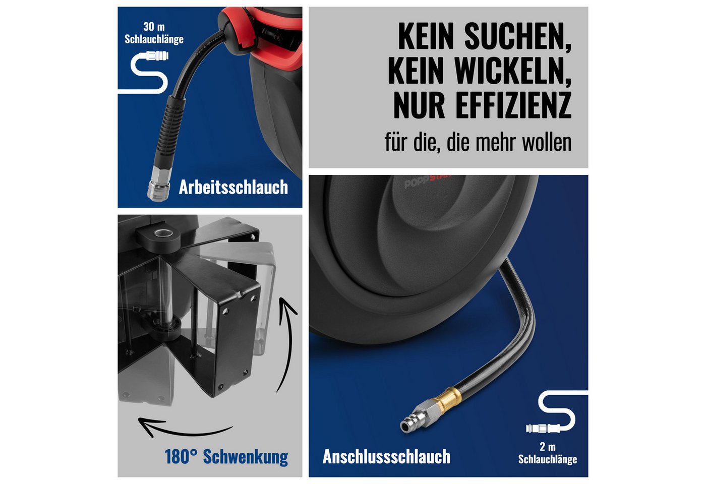 Poppstar Schlauchbox Druckluft-Schlauchtrommel 30m + 2m Premium, (Automatik Schlauchaufroller), mit 30m Druckluft-Schlauch (180° schwenkbar, mit Wandhalterung) Bild 3