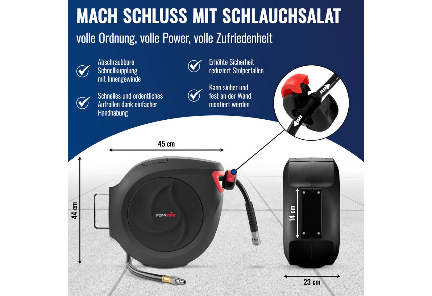 Poppstar Schlauchbox Druckluft-Schlauchtrommel 30m + 2m Premium, (Automatik Schlauchaufroller), mit 30m Druckluft-Schlauch (180° schwenkbar, mit Wandhalterung) Bild 4