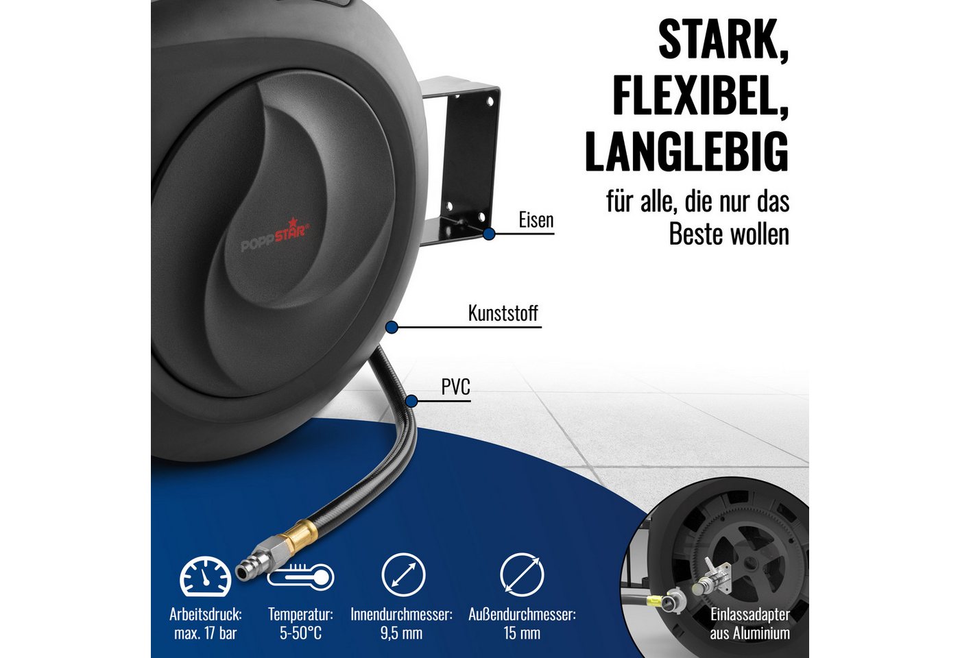 Poppstar Schlauchbox Druckluft-Schlauchtrommel 30m + 2m Premium, (Automatik Schlauchaufroller), mit 30m Druckluft-Schlauch (180° schwenkbar, mit Wandhalterung) Bild 5