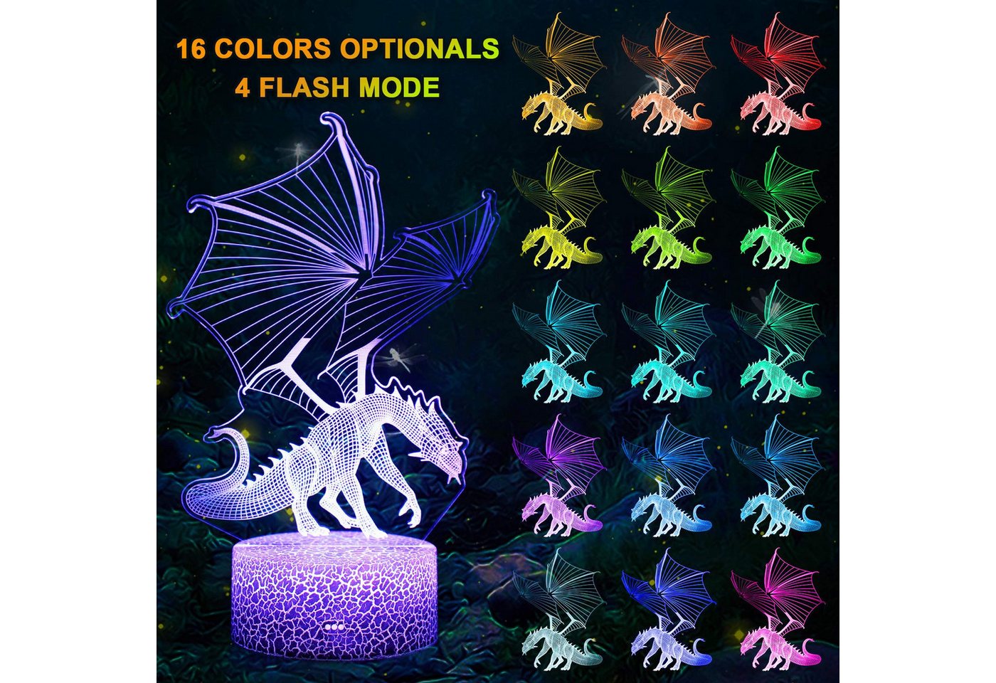 Dreamy Cubby Nachtlicht 3D Dinosaurier-Nachtlicht für Kinder mit 16 Farben & Fernbedienung., Energieeffiziente LED-Lichtquelle, langlebig und augenschonend., Bunt, 16 Farben & 4 Modi mit Fernbedienung, 3D-Dinosaurier-Design.