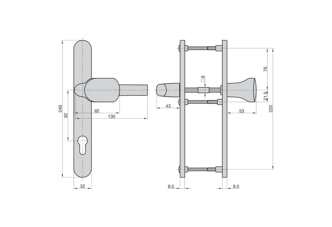 BASI Türbeschlag Wechsel-Garnitur (Packung), Schmalrahmenbeschlag PZ 92/8 mm, Langschild Alu Weiß, Türen 45-82 mm