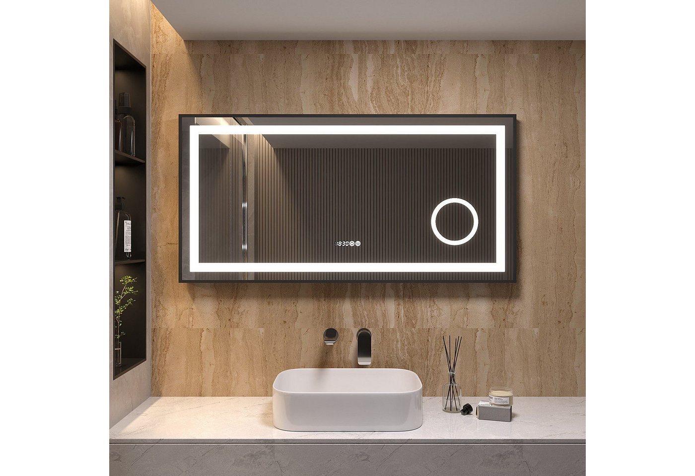 AQUALAVOS Badspiegel 100-120 cm LED Wandspiegel mit Beleuchtung Kaltweiß Dimmbar Badspiegel, Aluminiumrahmen Schwarz mat, Schminkspiegel 3-Fach Vergrößerung, IP44