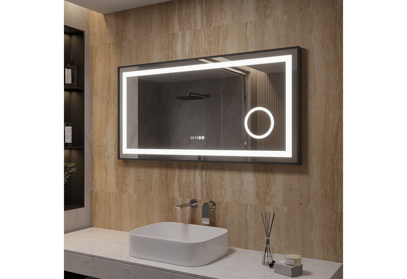 AQUALAVOS Badspiegel 100-120 cm LED Wandspiegel mit Beleuchtung Kaltweiß Dimmbar Badspiegel, Aluminiumrahmen Schwarz mat, Schminkspiegel 3-Fach Vergrößerung, IP44 Bild 4