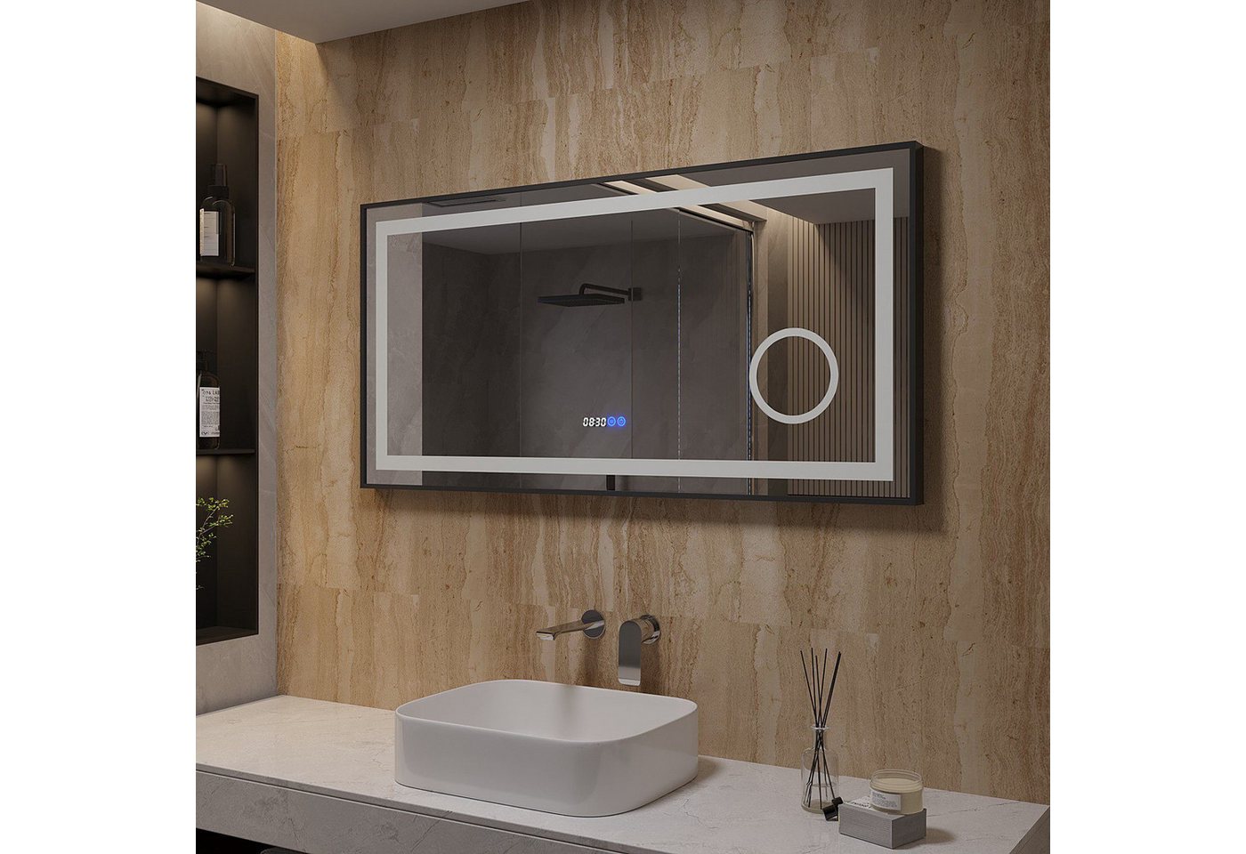 AQUALAVOS Badspiegel 100-120 cm LED Wandspiegel mit Beleuchtung Kaltweiß Dimmbar Badspiegel, Aluminiumrahmen Schwarz mat, Schminkspiegel 3-Fach Vergrößerung, IP44 Bild 5