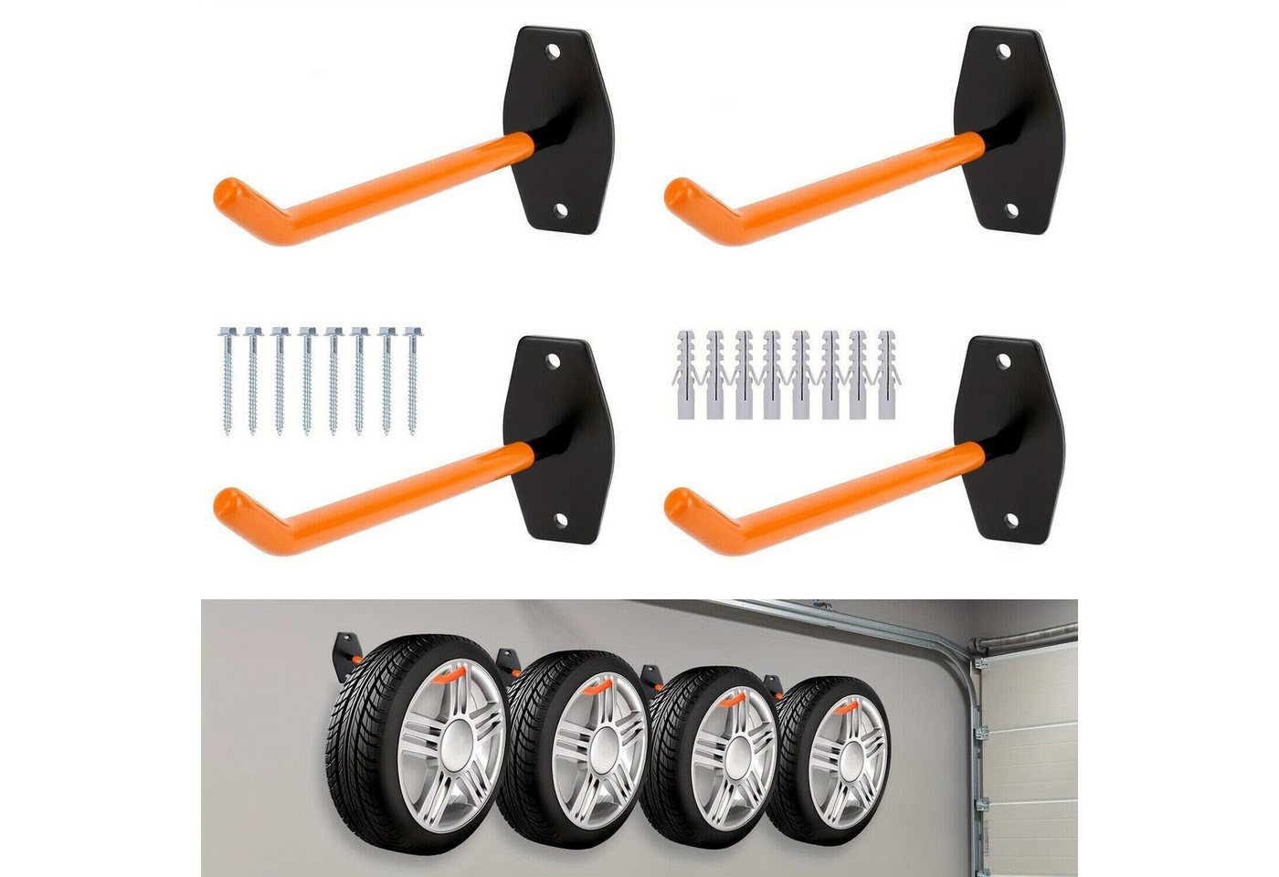 Refined Living Wandhalter 4x Reifenhalter Wand Haken Felgen Halterung Regal Bügel für Reifen, (Reifenhalter, Wandhaken Garage, Felgenhalterung, Reifenwandhalter, Garagenhaken, Aufbewahrung Wandhalter, Haltebügel Reifen, Reifenregal Wand, Werkzeughalter Garage, Haken Set Garage, Vielseitiges 4-teiliges Set, 4-St., für flexible Anwendung bei Reifen,Leitern,Schaufeln,Fahrrädern mehr), für Garage, Werkstatt, Schuppen oder Hauswirtschaftsraum Bild 5