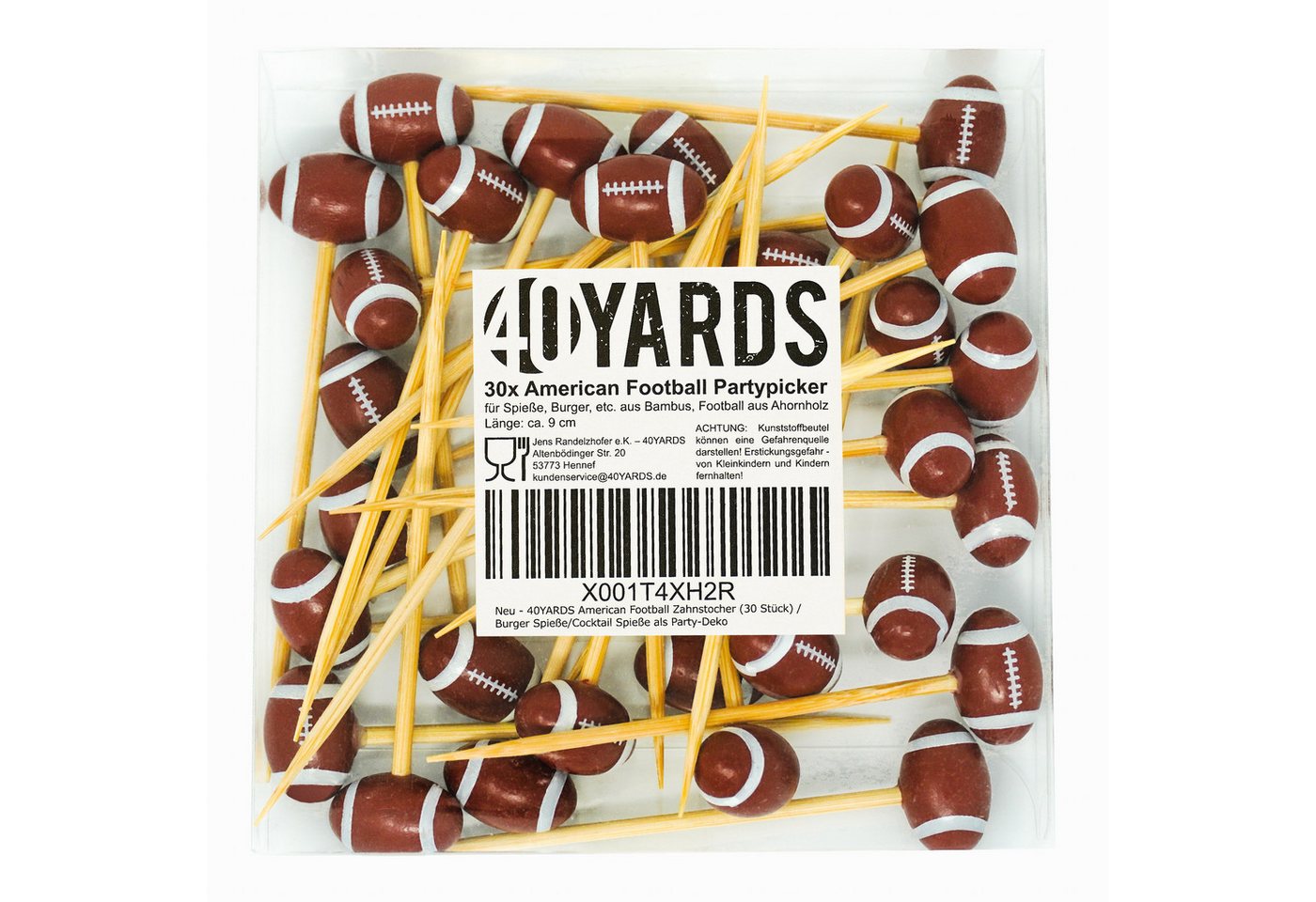 40YARDS Partyspieße American Football Zahnstocher / Burgerspieße / Cocktail Spieße (30-St), Bambus & Ahornholz, Mehrfach verwendbar