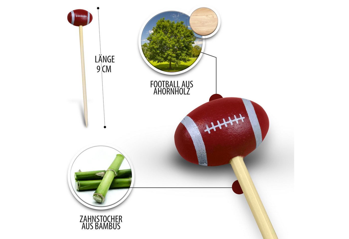 40YARDS Partyspieße American Football Zahnstocher / Burgerspieße / Cocktail Spieße (30-St), Bambus & Ahornholz, Mehrfach verwendbar Bild 3