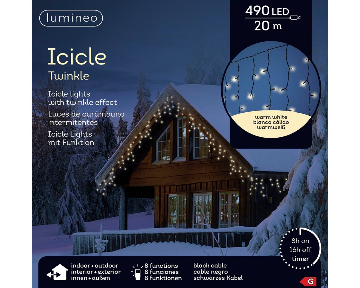 Lumineo LED-Lichterkette Lumineo Lichtervorhang ICICLE TWINKLE 490 LED 20 m warm weiß, schwarz, 8 Twinkle-Effekte, 8h-Timer, Indoor/Outdoor, + 5 m Zuleitung Bild 5