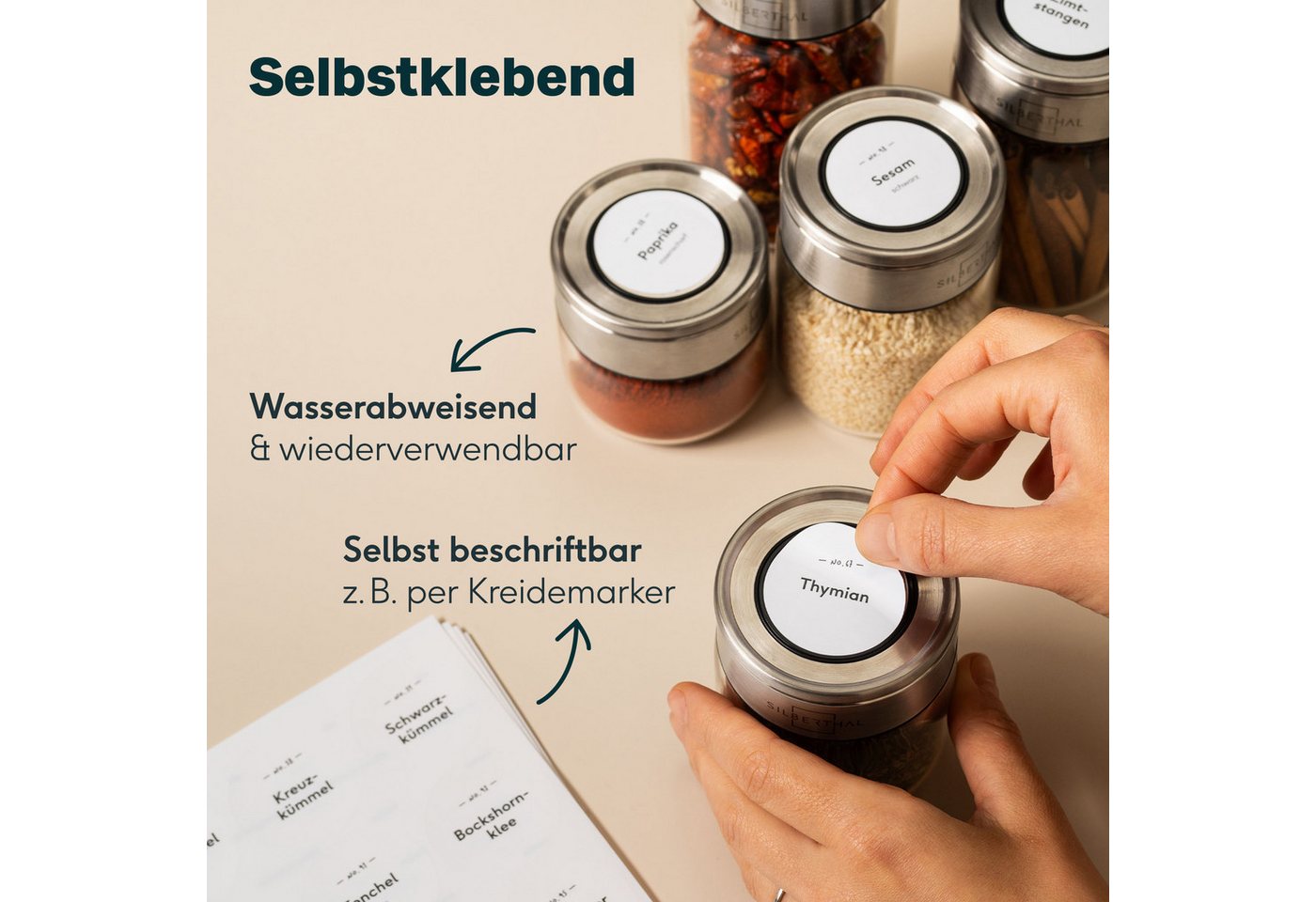 SILBERTHAL Etikett für Gewürzgläser Eckig 232 Stück, Vorgedruckt & Blanko, wasserfest & wiederverwendbar