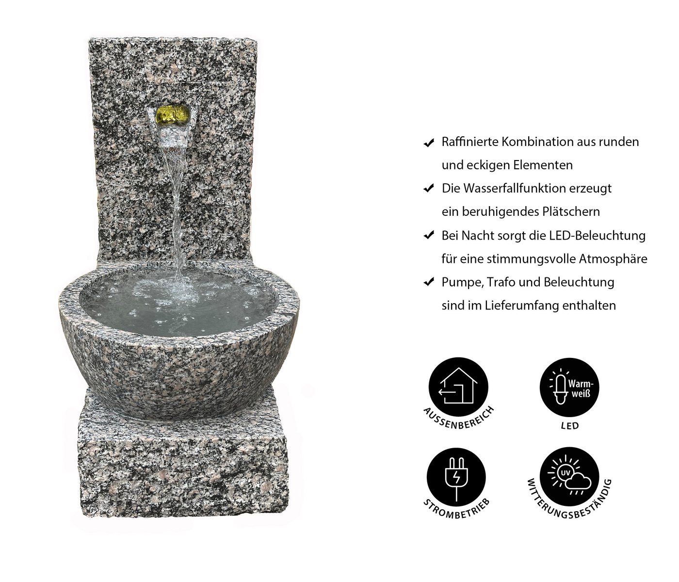 Dehner Gartenbrunnen Peel, 70 x 50 x 50 cm, Granit, 50 cm Breite, frostbeständiger Außenbrunnen, Komplett-Set mit Pumpe / Trafo / LED