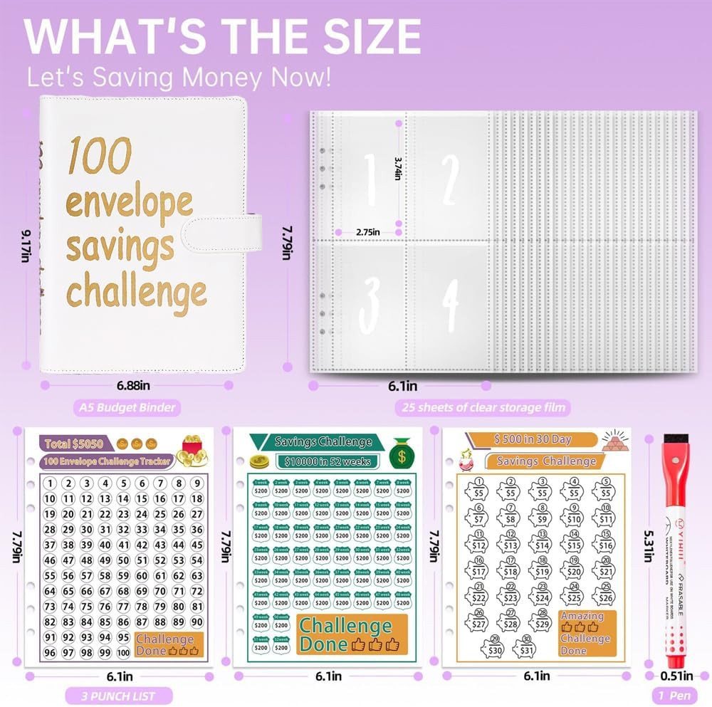 FELIXLEO Konferenzmappe A5 Sparbuch für Geld Challenge 100 Envelope Saving Binder Weiß (1-St)