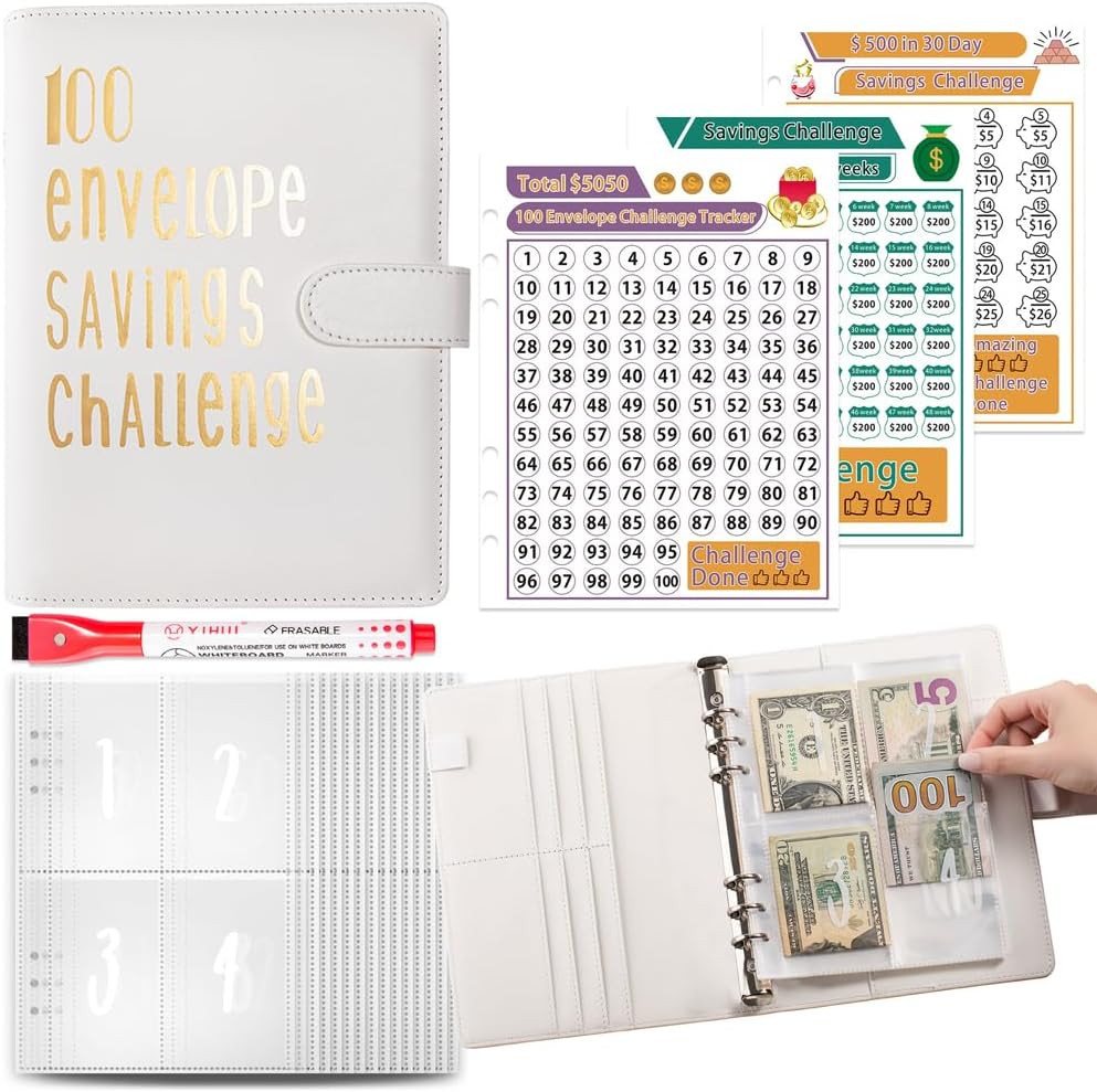 FELIXLEO Konferenzmappe A5 Sparbuch für Geld Challenge 100 Envelope Saving Binder Weiß (1-St) Bild 2