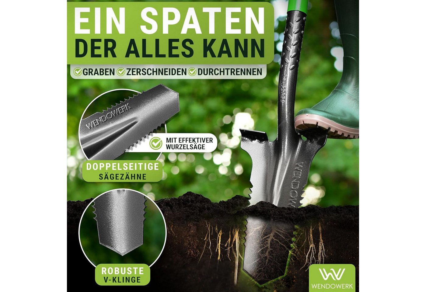WENDOWERK Spaten Wurzelspaten 115cm Spaten Wurzelsäge breite Trittfläche Gartenspaten