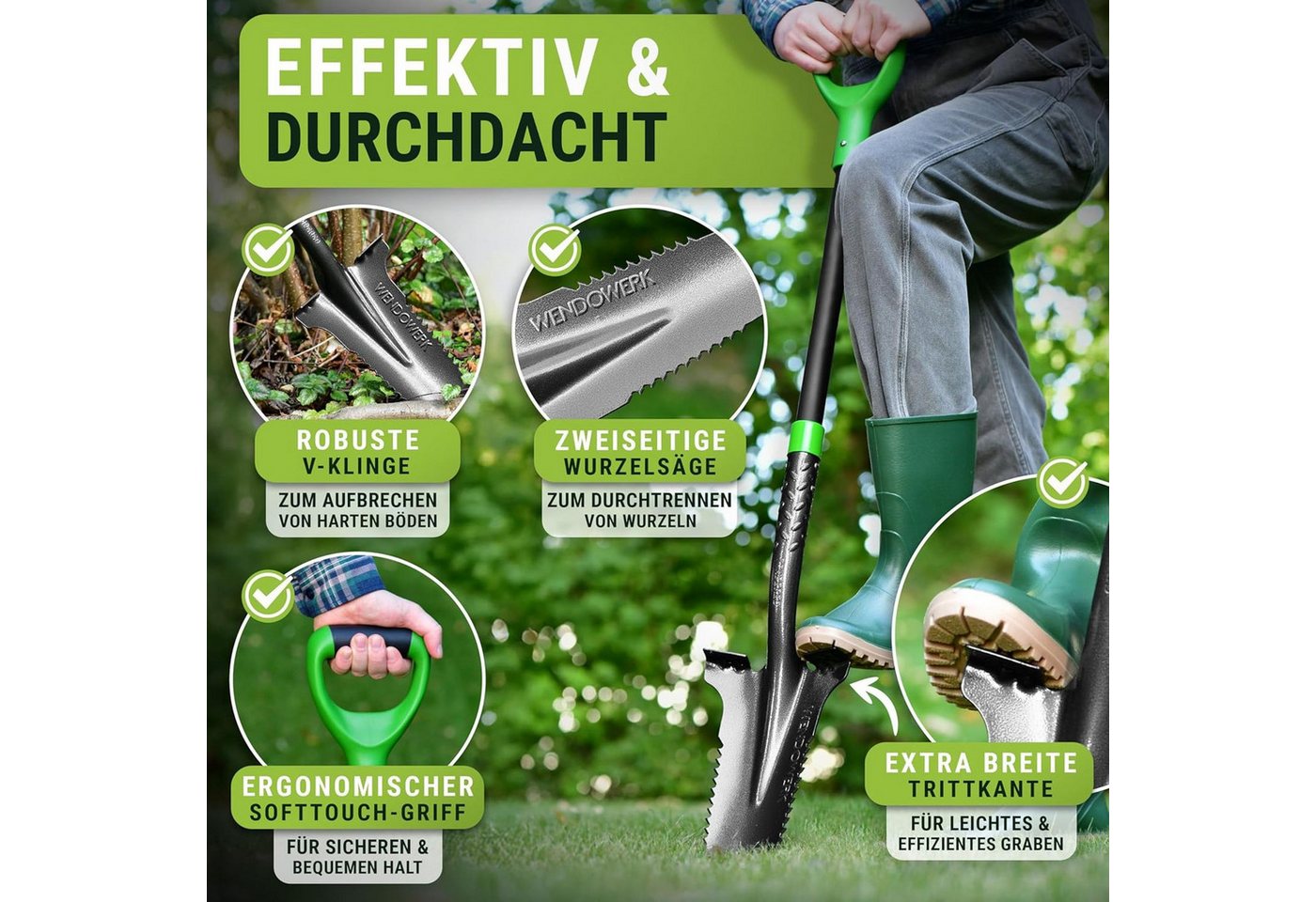 WENDOWERK Spaten Wurzelspaten 115cm Spaten Wurzelsäge breite Trittfläche Gartenspaten Bild 2