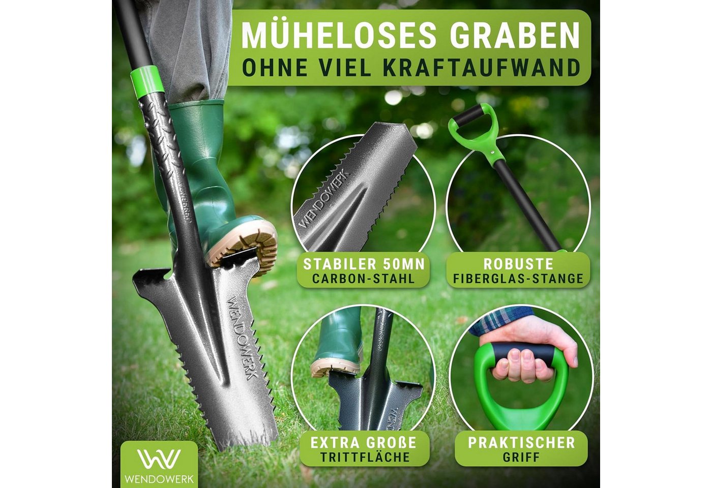 WENDOWERK Spaten Wurzelspaten 115cm Spaten Wurzelsäge breite Trittfläche Gartenspaten Bild 3