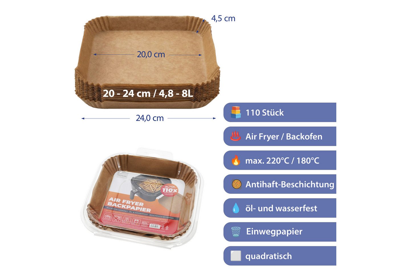 CEPEWA Backpapier Backpapier für Air Fryer Backofen 20-24cm 110Stück 24x24x4,5cm