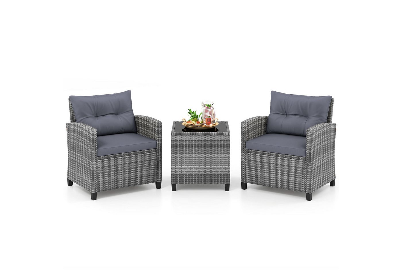 COSTWAY Balkonset, (3-tlg), Rattan Gartenmöbel Set, Balkonmöbel klein mit Kissen