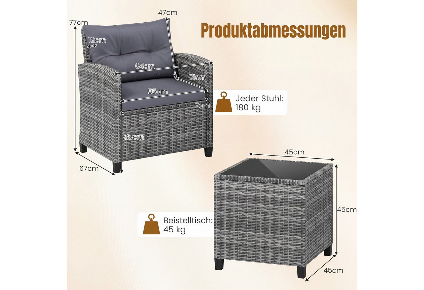 COSTWAY Balkonset, (3-tlg), Rattan Gartenmöbel Set, Balkonmöbel klein mit Kissen Bild 2