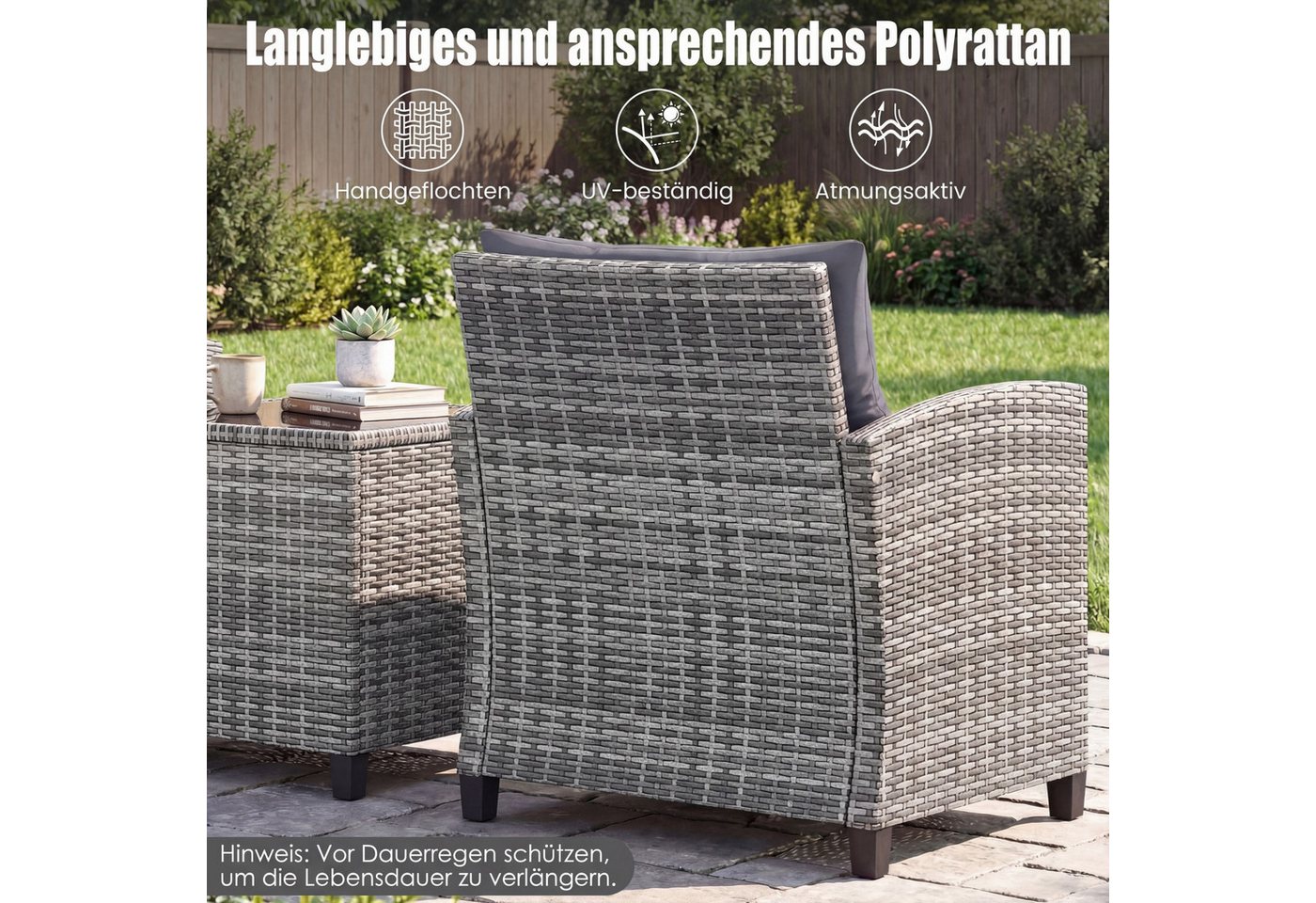 COSTWAY Balkonset, (3-tlg), Rattan Gartenmöbel Set, Balkonmöbel klein mit Kissen Bild 3
