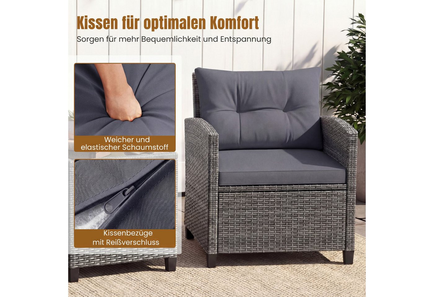 COSTWAY Balkonset, (3-tlg), Rattan Gartenmöbel Set, Balkonmöbel klein mit Kissen Bild 4