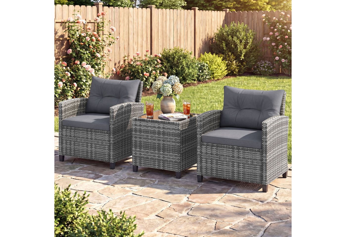 COSTWAY Balkonset, (3-tlg), Rattan Gartenmöbel Set, Balkonmöbel klein mit Kissen Bild 5