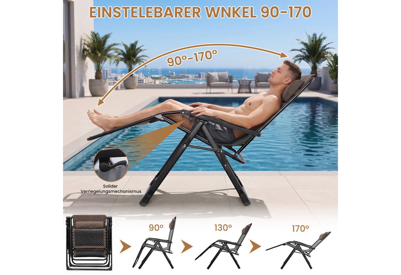 DAITORE Gartenliege Sonnenliege mit verstellbarer Rückenlehne, Kissen & Kopfpolster, für Patio-Garten-Strand-Pool, mit Kissen-Unterstützung 200kg