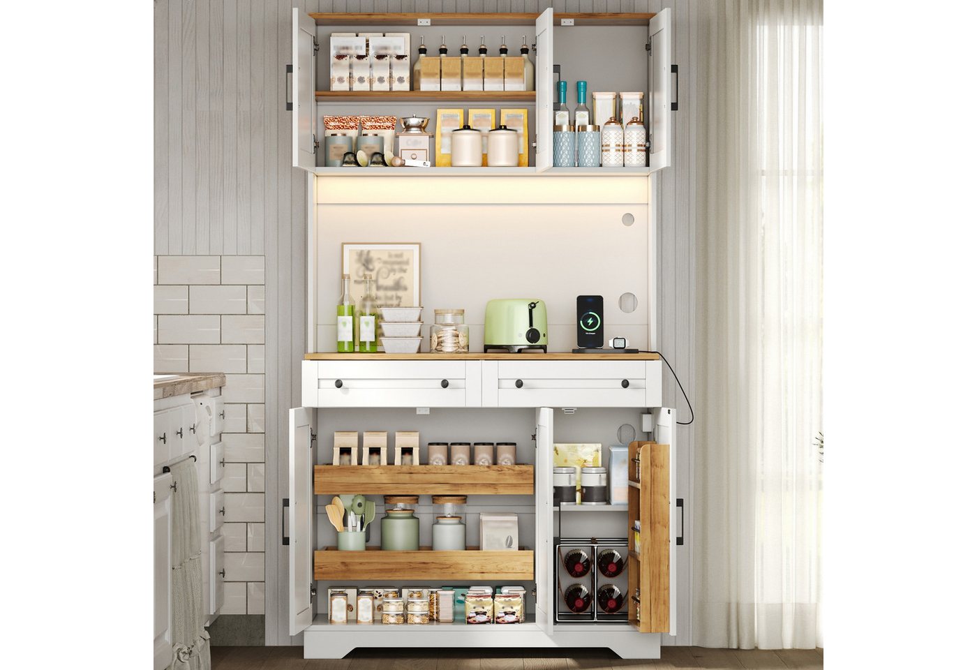 Flieks Küchenbuffet Hochschrank mit LED-Beleuchtung, Steckdosen, versteckter Schubladen (1-St., B100xT40xH180 cm) Küchenschrank mit Arbeitsplatte Holzoptik, verstellbarer Ablagen Weiß