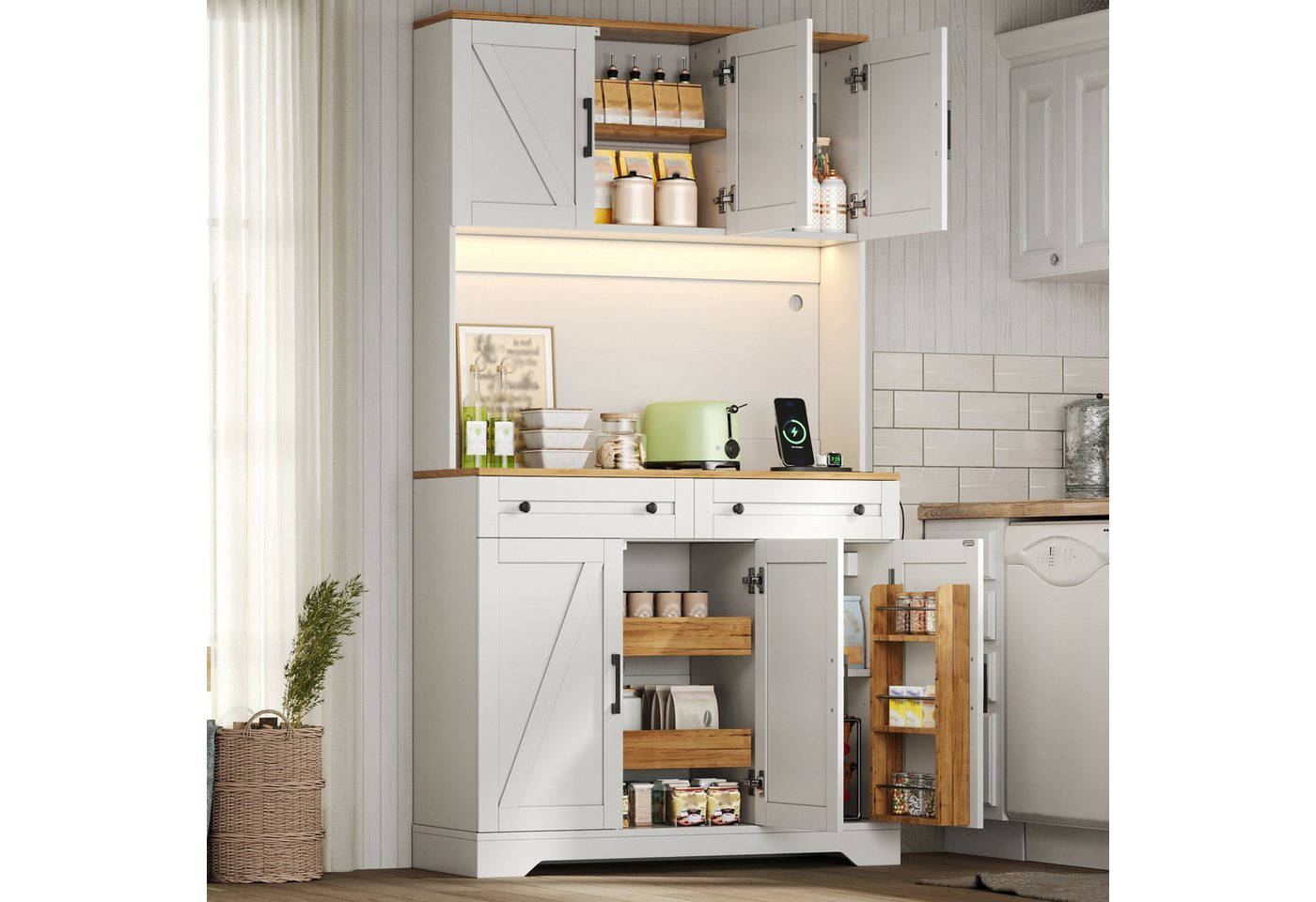 Flieks Küchenbuffet Hochschrank mit LED-Beleuchtung, Steckdosen, versteckter Schubladen (1-St., B100xT40xH180 cm) Küchenschrank mit Arbeitsplatte Holzoptik, verstellbarer Ablagen Weiß Bild 2