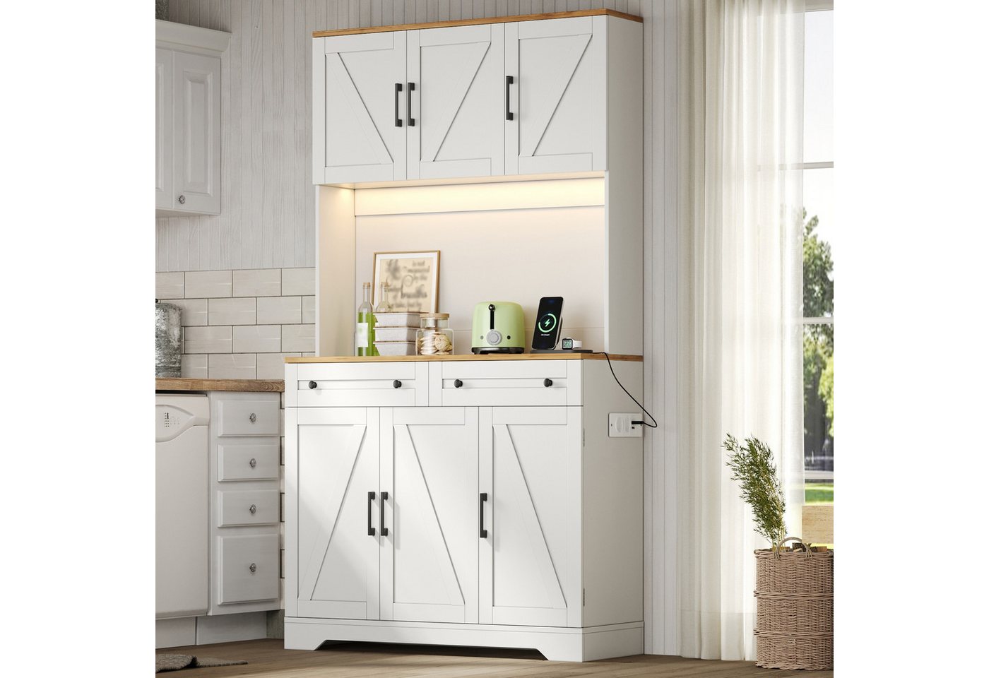 Flieks Küchenbuffet Hochschrank mit LED-Beleuchtung, Steckdosen, versteckter Schubladen (1-St., B100xT40xH180 cm) Küchenschrank mit Arbeitsplatte Holzoptik, verstellbarer Ablagen Weiß Bild 3