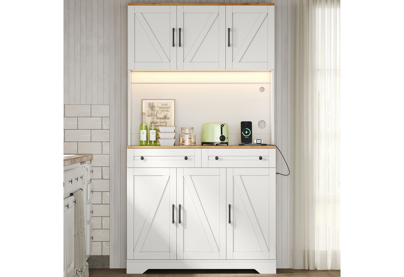 Flieks Küchenbuffet Hochschrank mit LED-Beleuchtung, Steckdosen, versteckter Schubladen (1-St., B100xT40xH180 cm) Küchenschrank mit Arbeitsplatte Holzoptik, verstellbarer Ablagen Weiß Bild 4